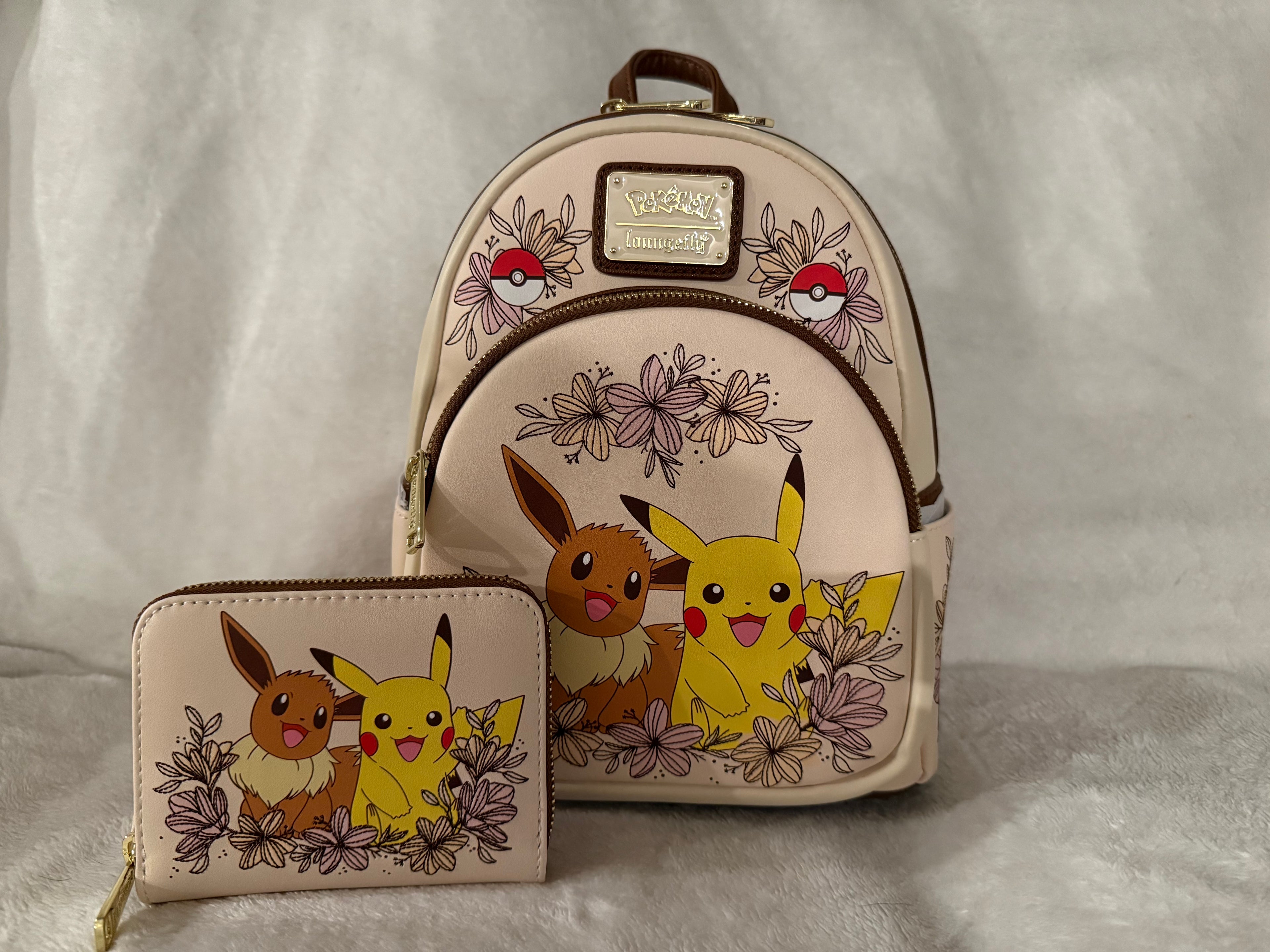 Loungefly Pokemon Pikachu and Eevee Floral Mini Backpack and Wallet