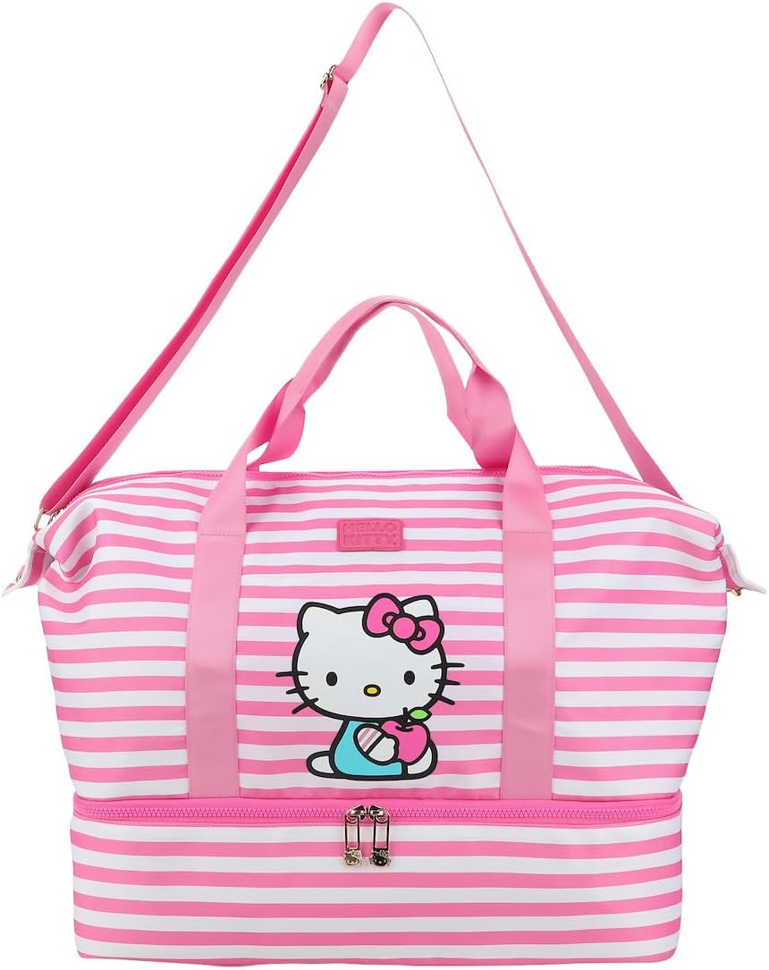 BioWorld Hello Kitty Character 17" Pink & White Striped Duffle Bag